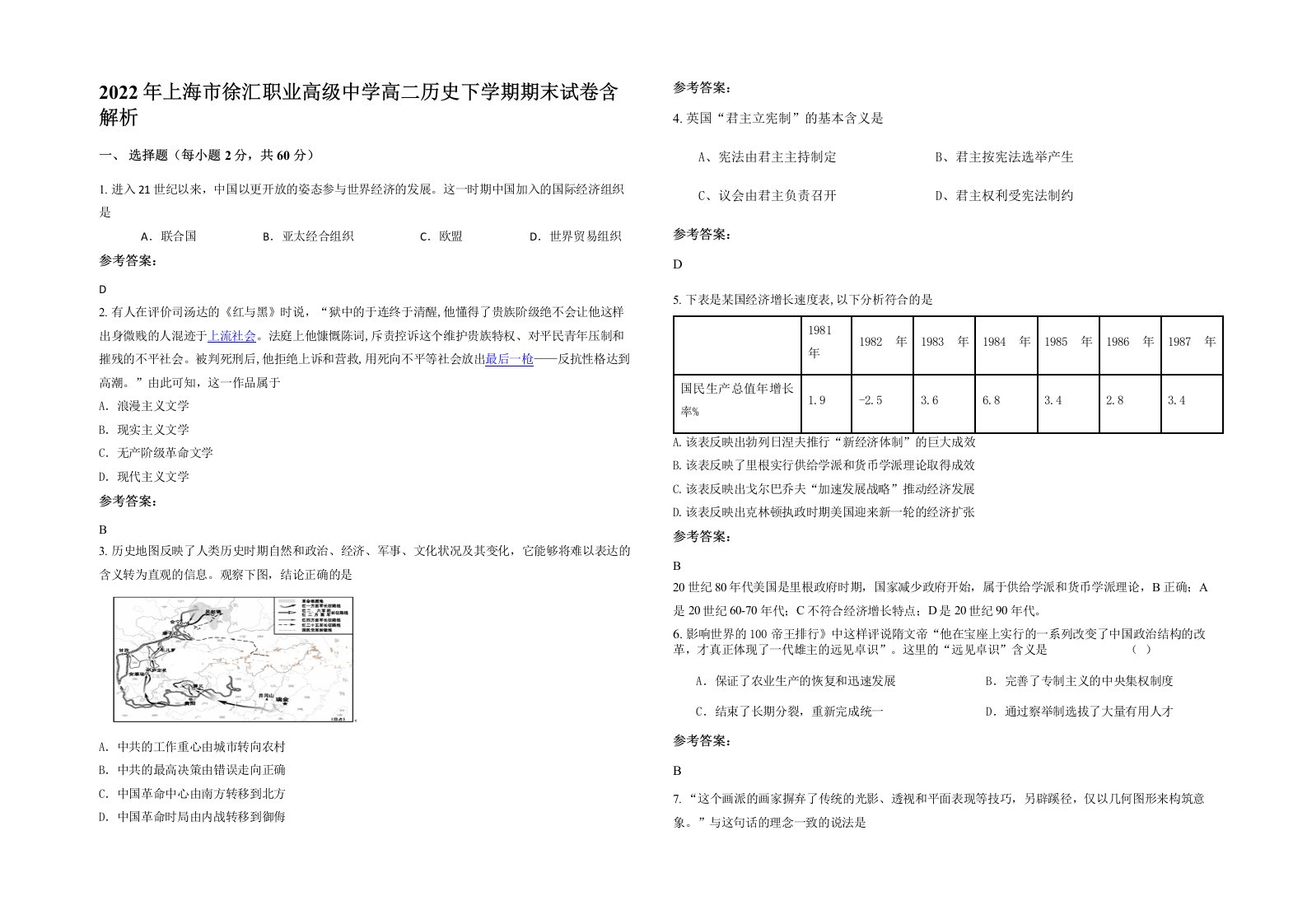 2022年上海市徐汇职业高级中学高二历史下学期期末试卷含解析