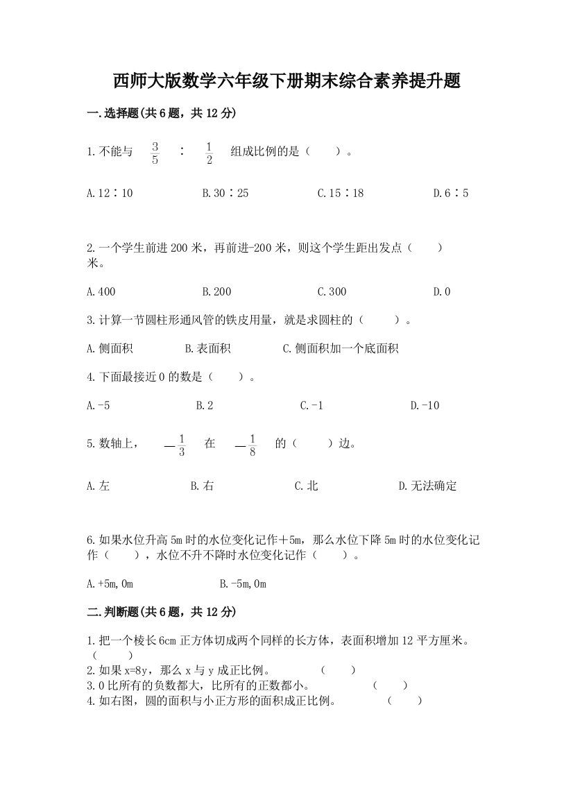 西师大版数学六年级下册期末综合素养提升题精品附答案