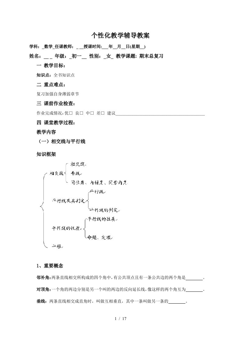 初一数学人教版下学期总复习教案