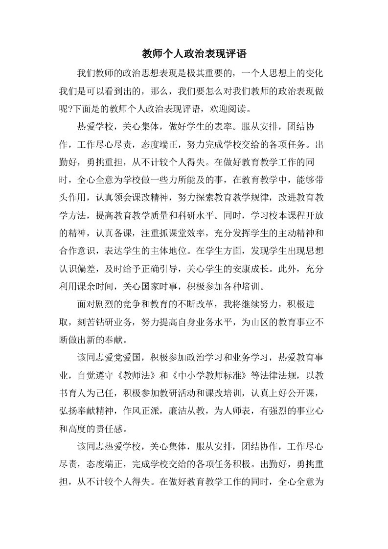 教师个人政治表现评语