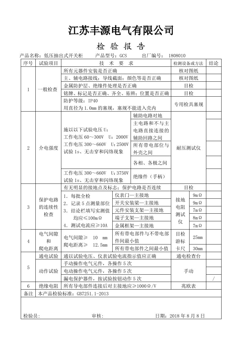 低压配电柜检验报告