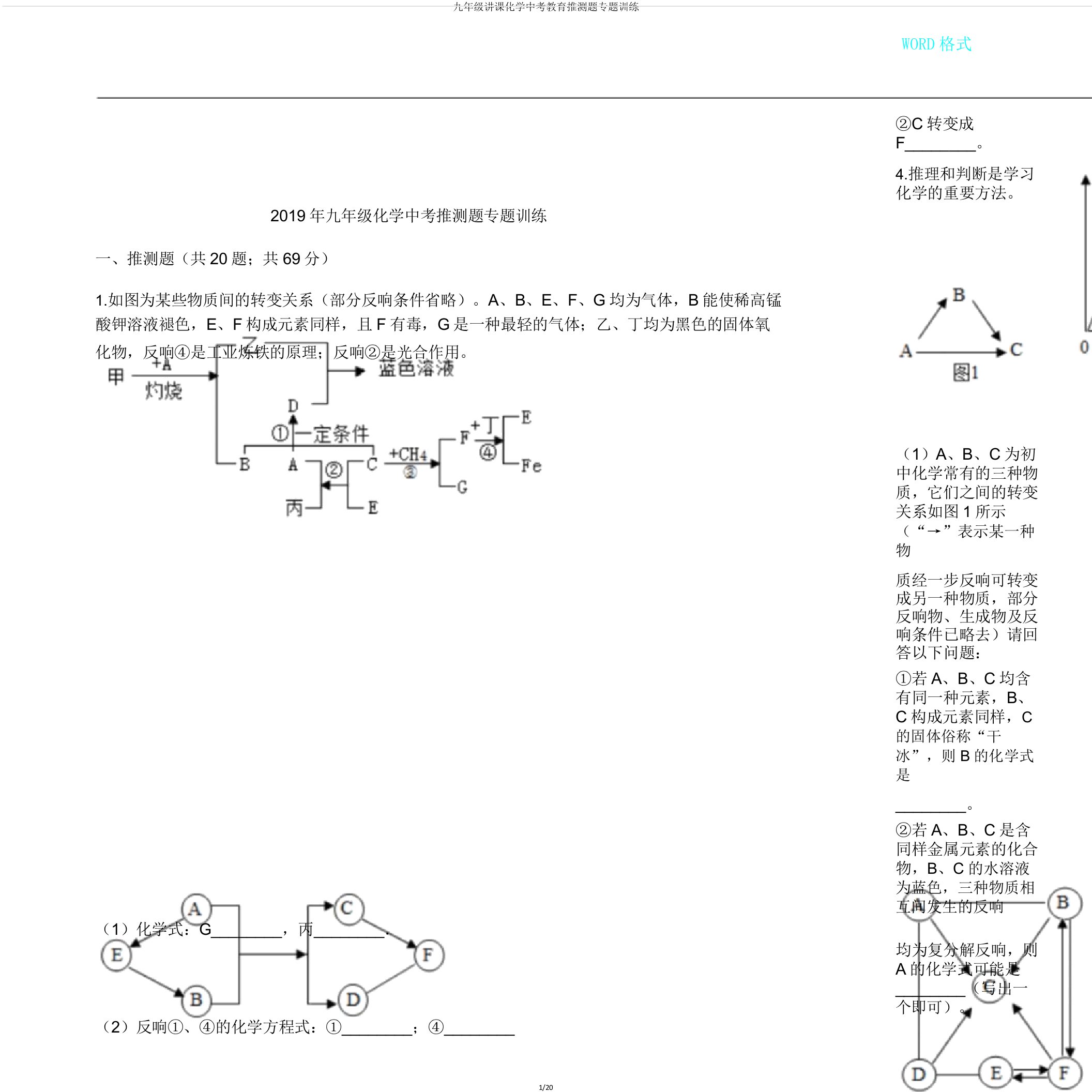 九年级教学化学中考教育推断题专题训练