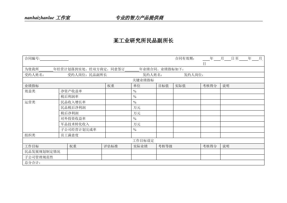 精选某工业研究所民品副所长绩效考核指标