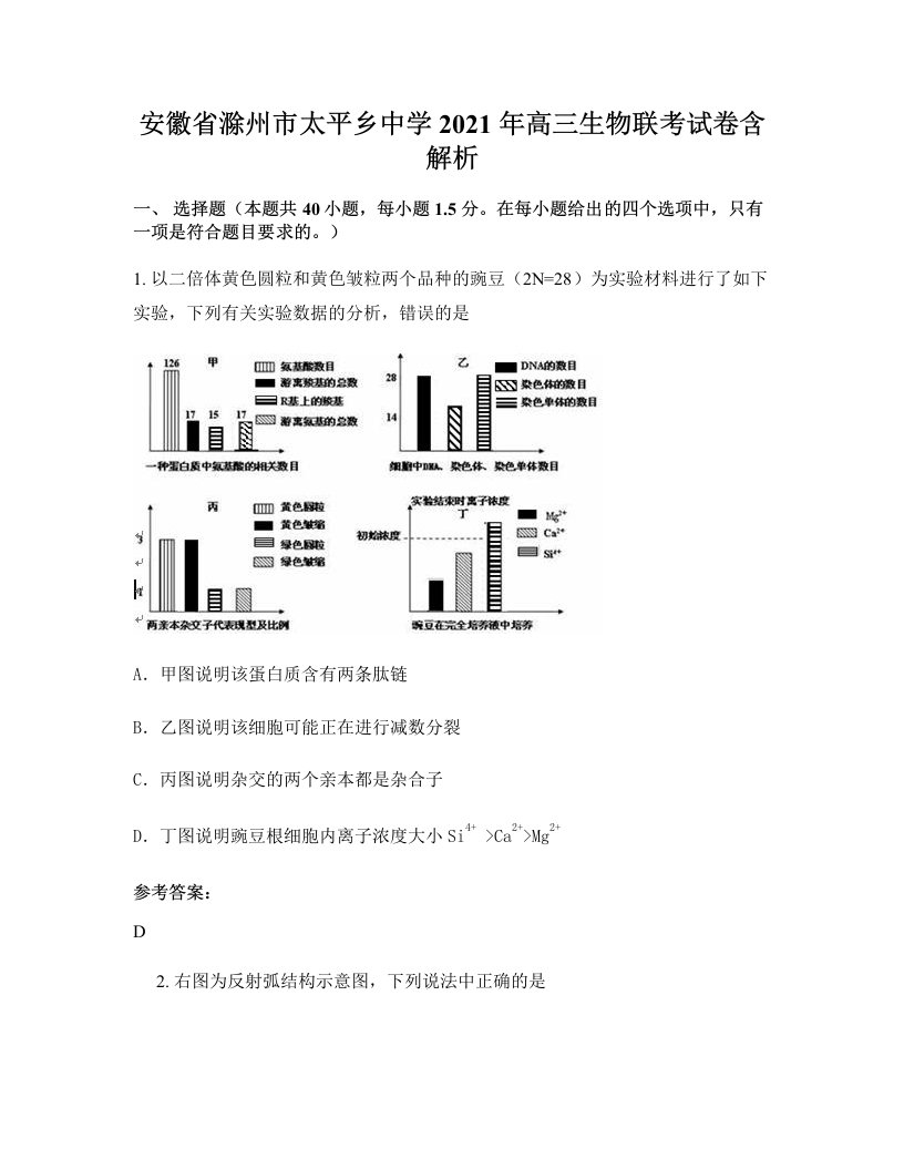 安徽省滁州市太平乡中学2021年高三生物联考试卷含解析