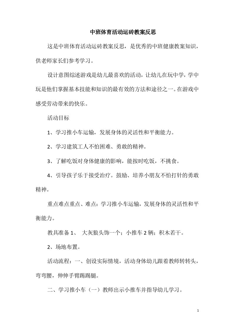 中班体育活动运砖教案反思