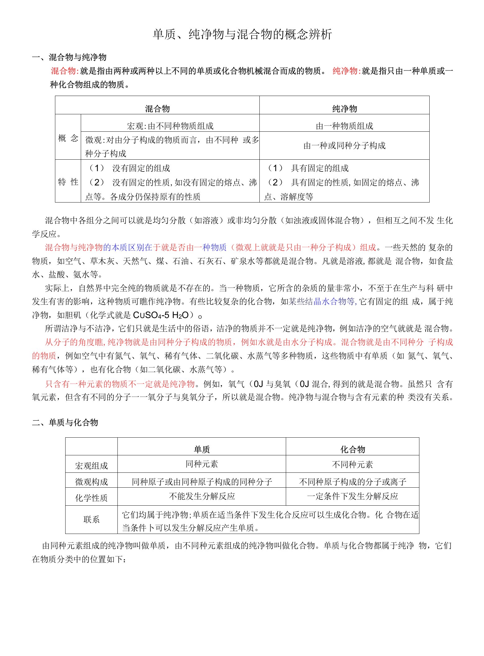 单质、纯净物与混合物的概念辨析