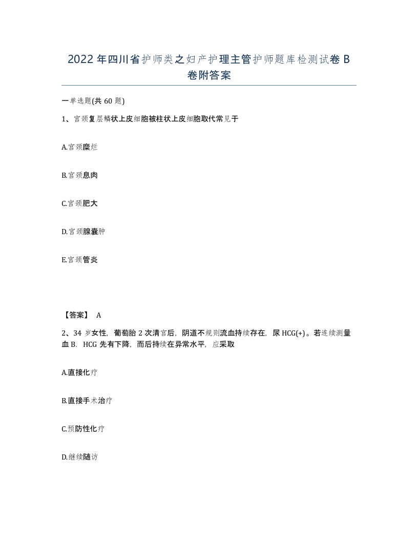 2022年四川省护师类之妇产护理主管护师题库检测试卷B卷附答案