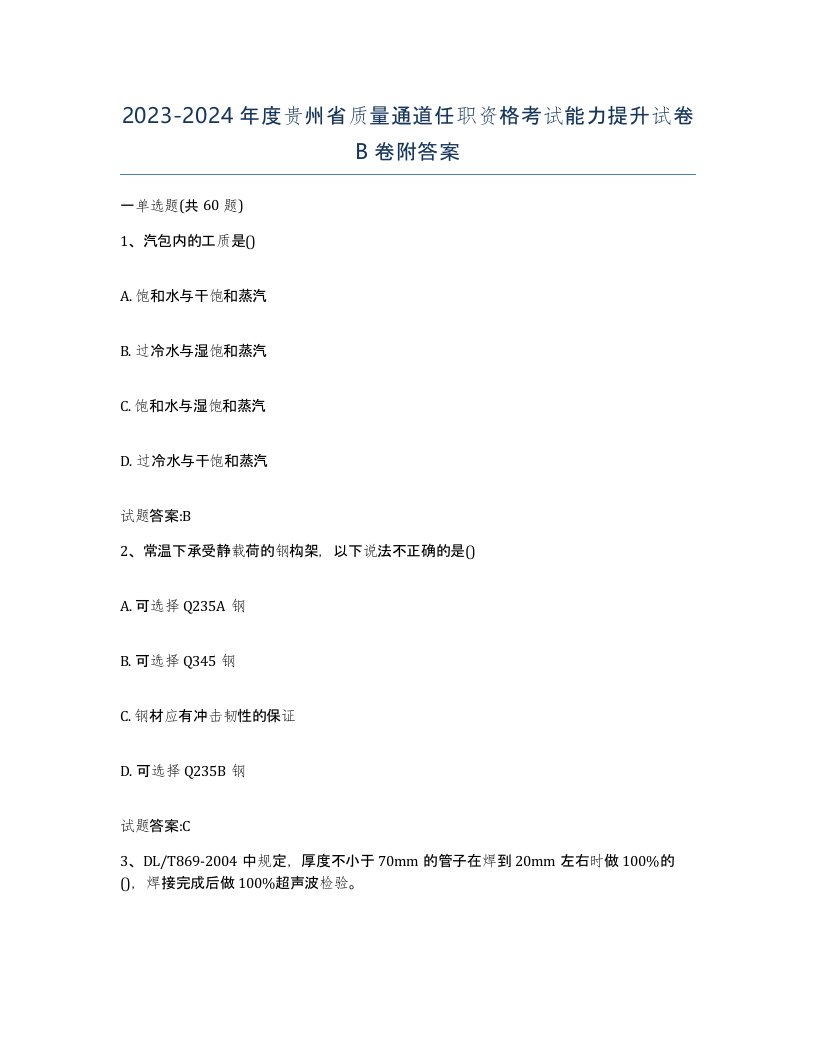 20232024年度贵州省质量通道任职资格考试能力提升试卷B卷附答案