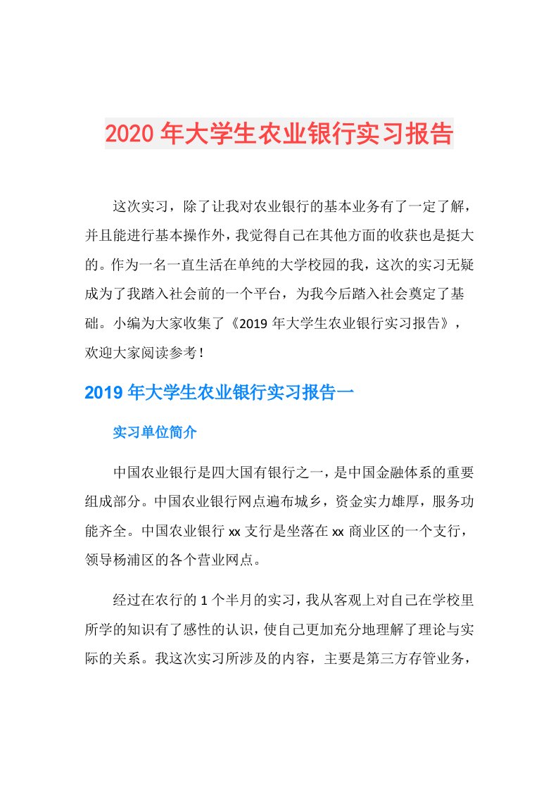 年大学生农业银行实习报告