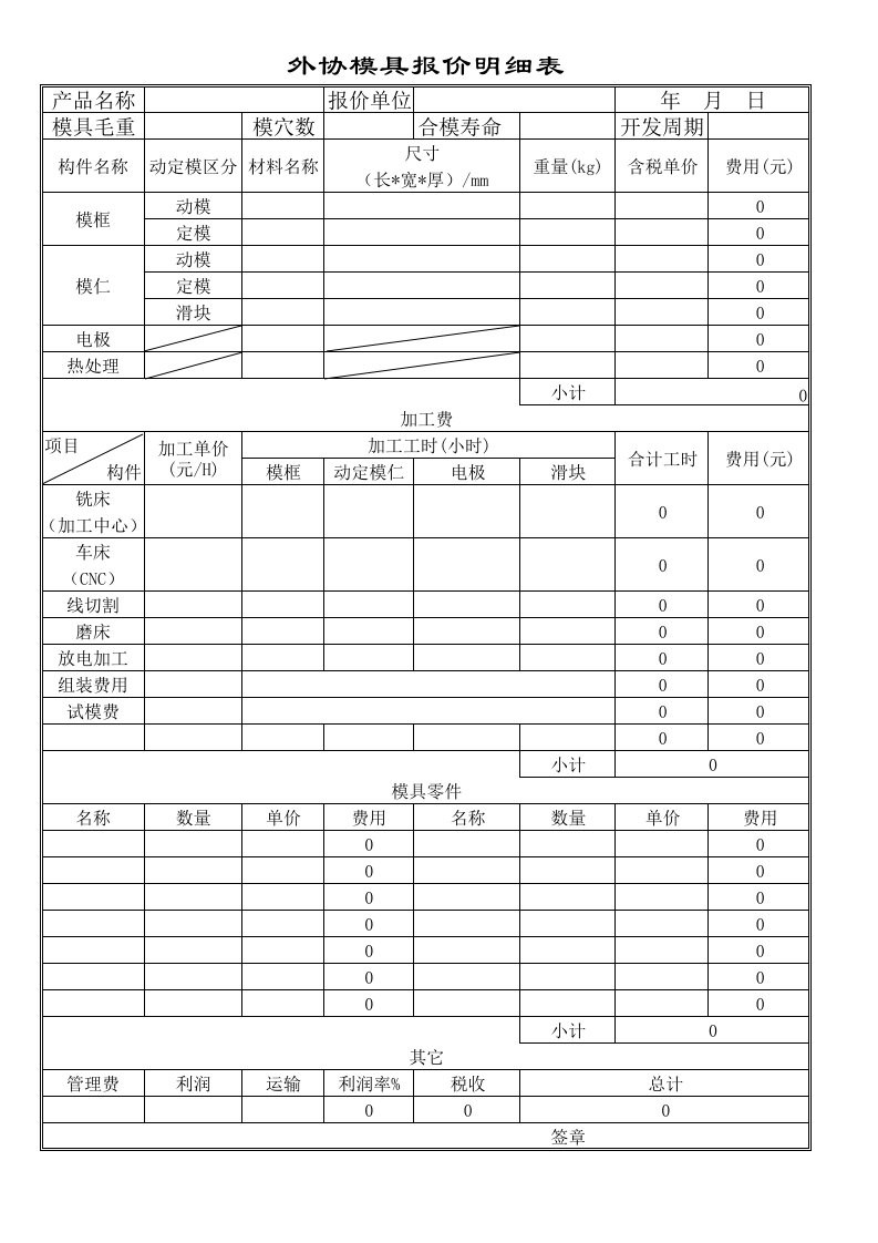 详细模具报价单范本