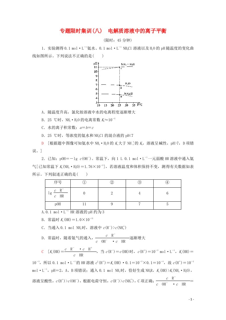 2021高考化学二轮复习专题限时集训8电解质溶液中的离子平衡含解析