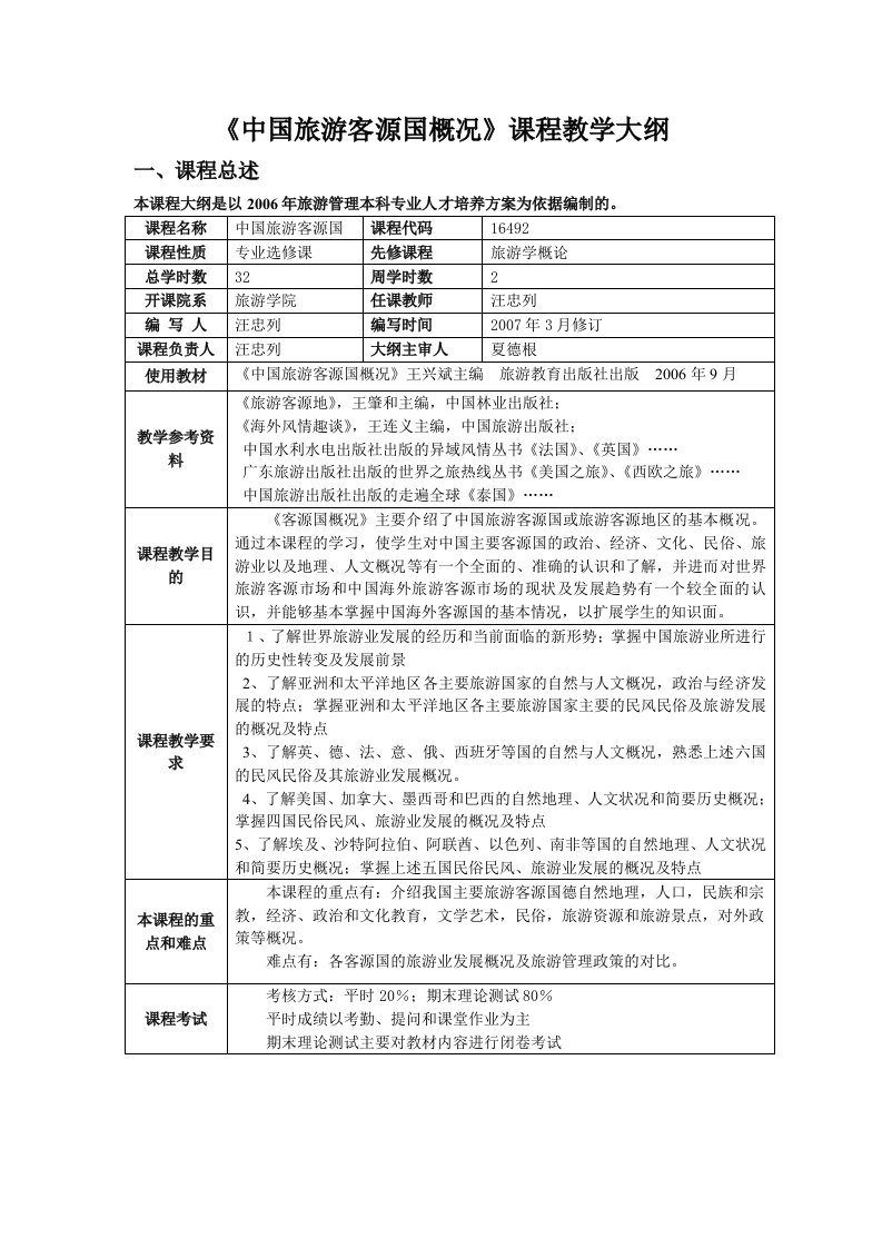 《中国旅游客源国概况》课程教学大纲