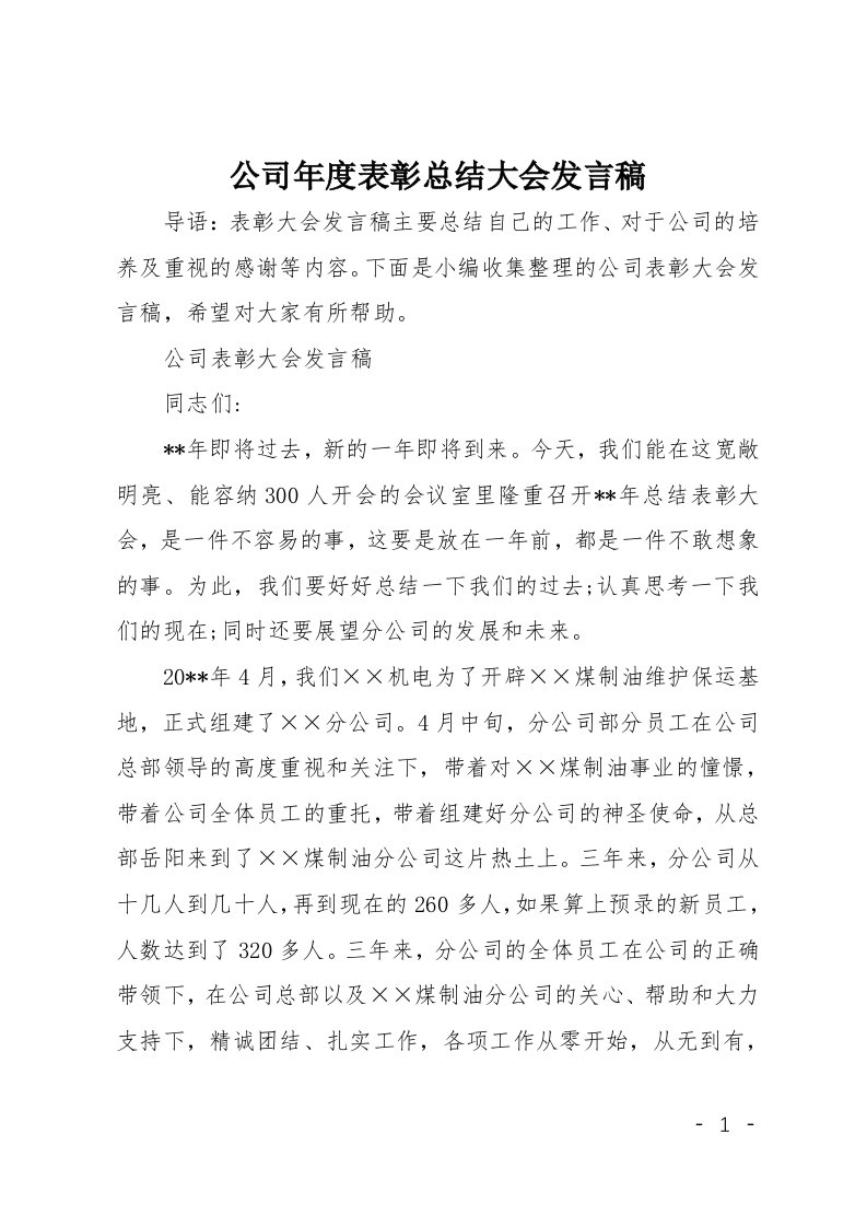 公司年度表彰总结大会发言稿