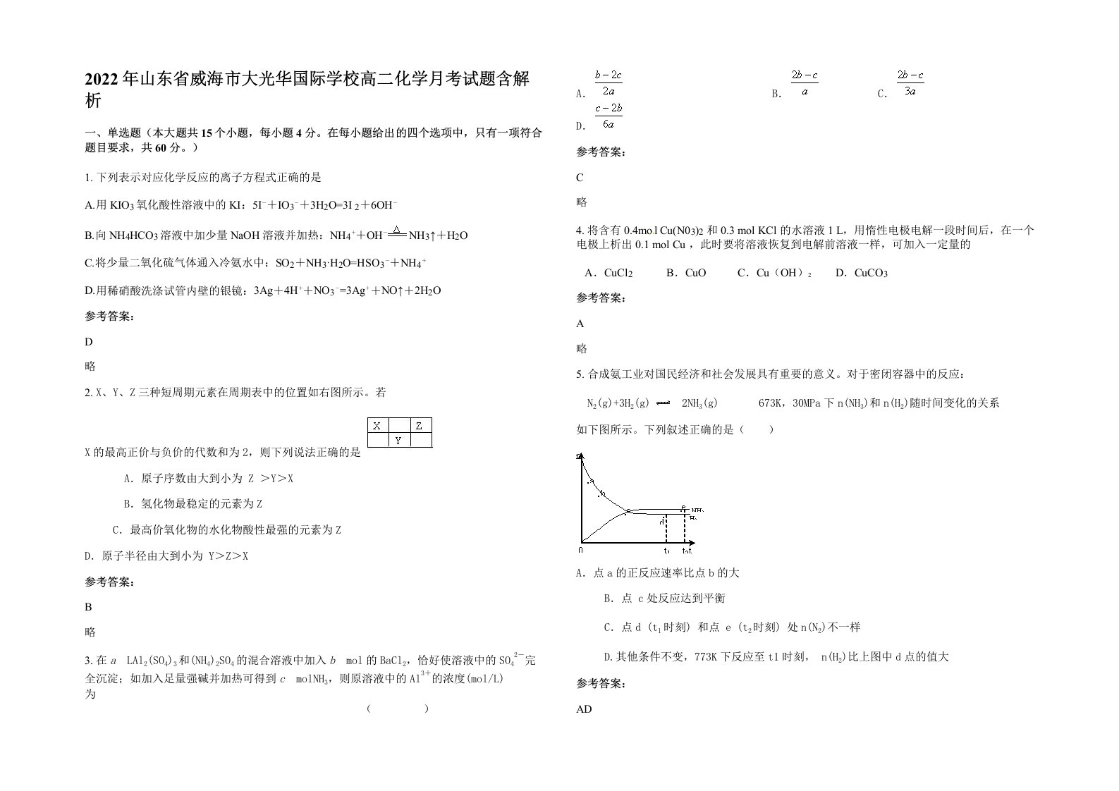 2022年山东省威海市大光华国际学校高二化学月考试题含解析