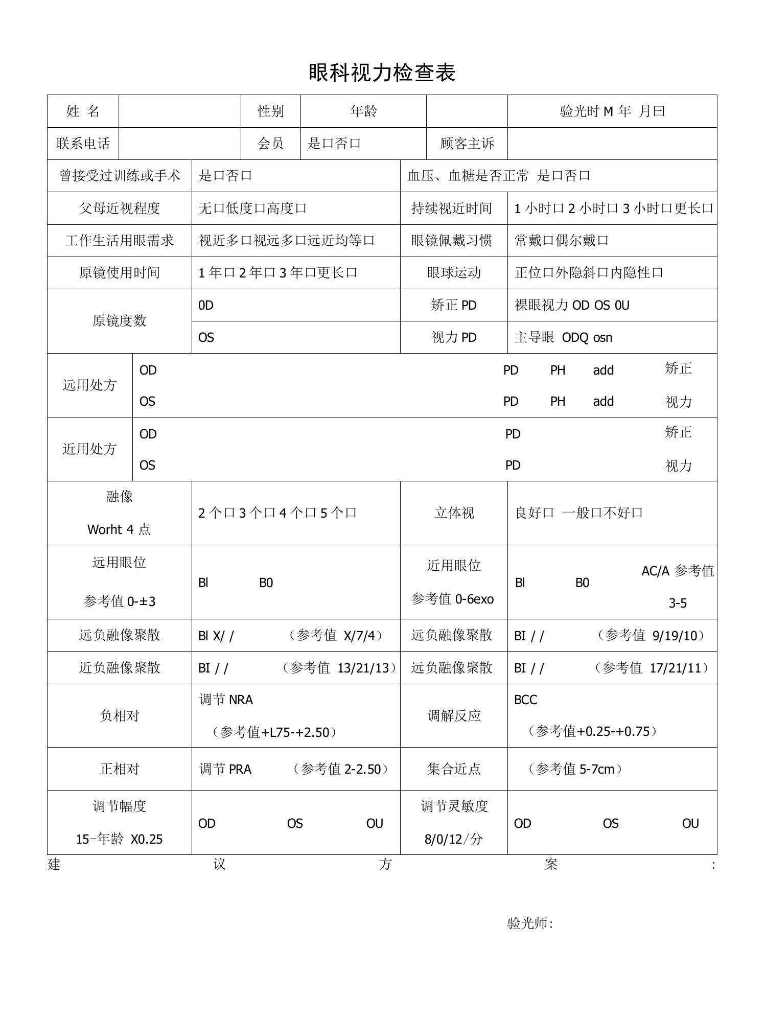 眼科视力检查表