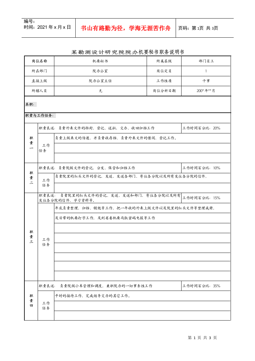 某勘测设计研究院院办机要秘书职务说明书