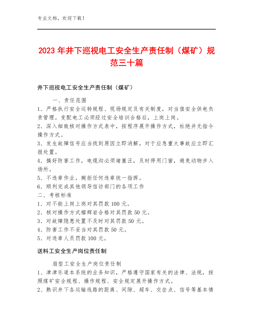 2023年井下巡视电工安全生产责任制（煤矿）规范三十篇