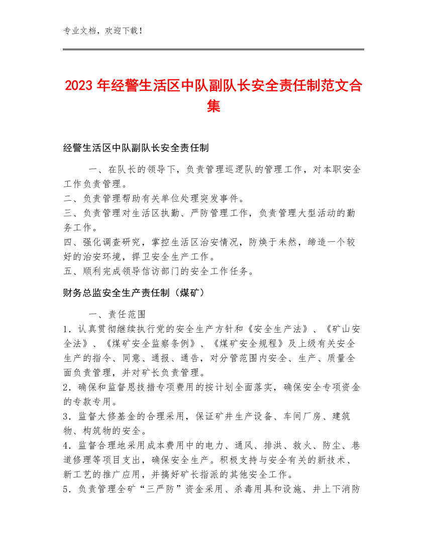 2023年经警生活区中队副队长安全责任制范文合集