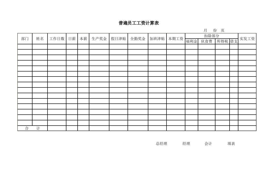 普遍员工工资明细计算表