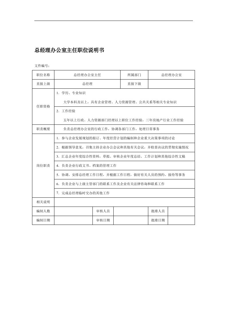 【管理精品】总经理办公室主任职位说明书