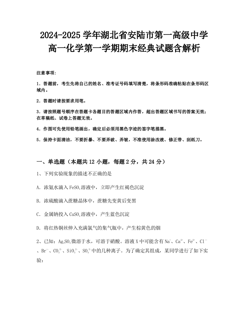 2024-2025学年湖北省安陆市第一高级中学高一化学第一学期期末经典试题含解析