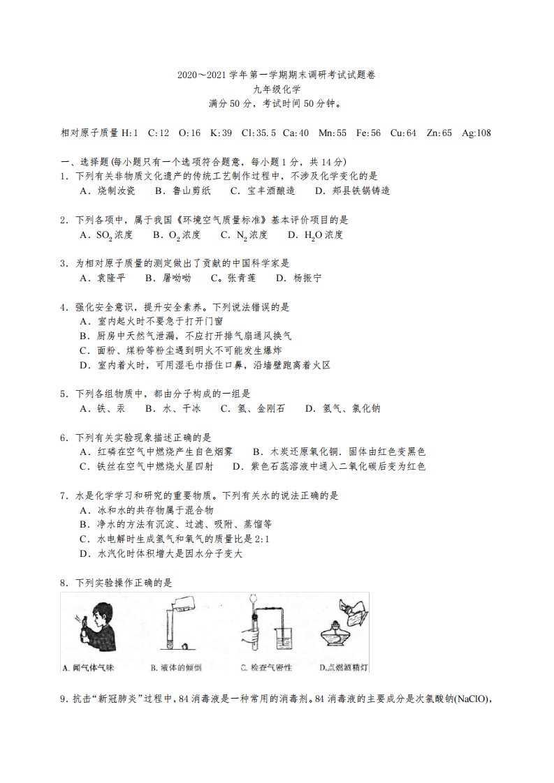 河南平顶山2020～2021学年第一学期期末调研考试试题卷九年级化学(含答案)