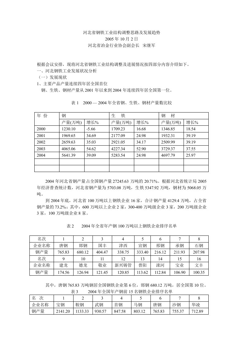 河北省钢铁工业结构调整思路及发展趋势