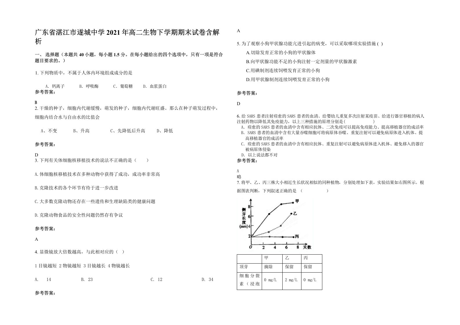 广东省湛江市遂城中学2021年高二生物下学期期末试卷含解析