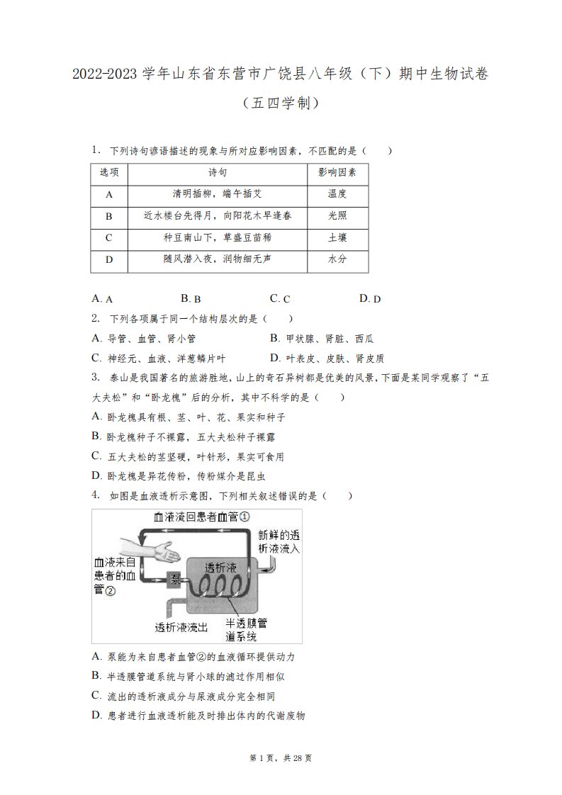 2022-2023学年山东省东营市广饶县八年级(下)期中生物试卷(五四学制)(附答案详解)