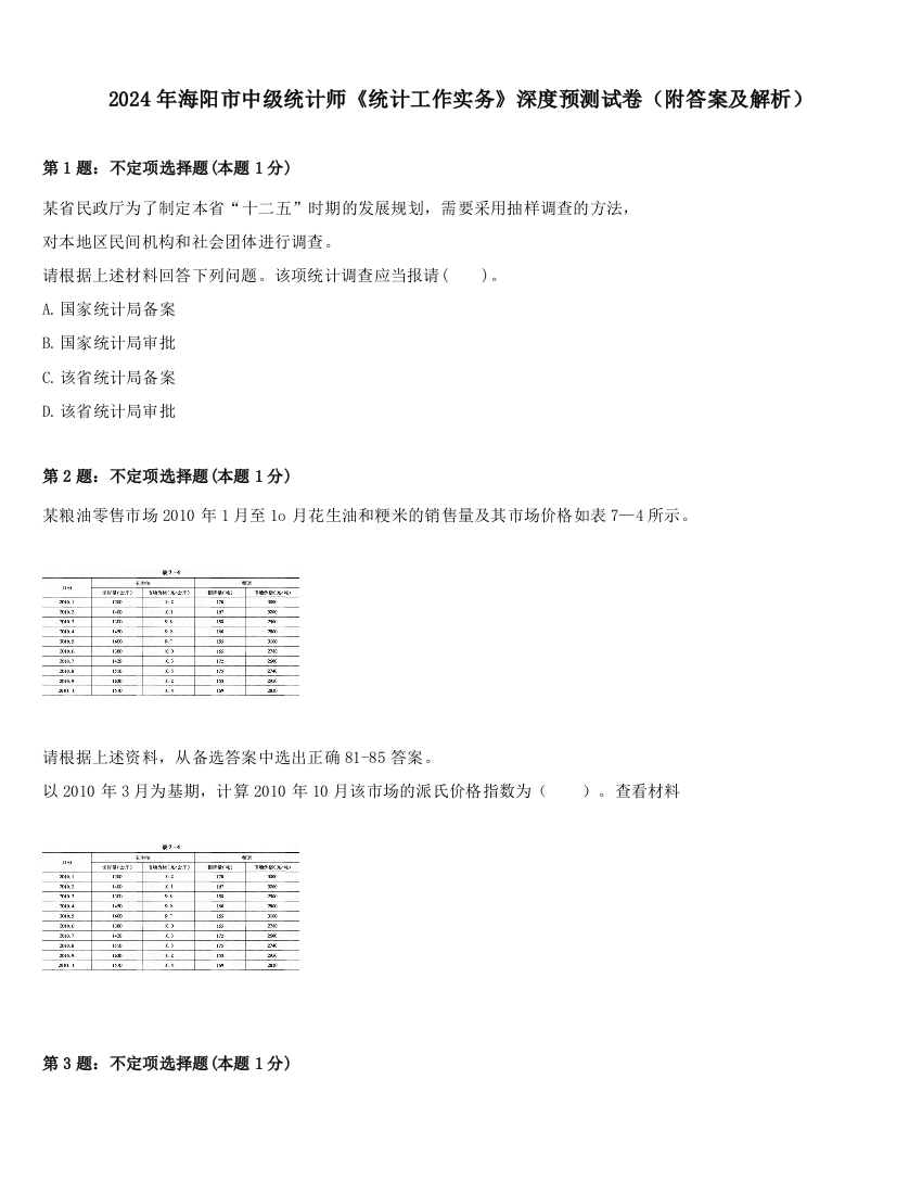 2024年海阳市中级统计师《统计工作实务》深度预测试卷（附答案及解析）