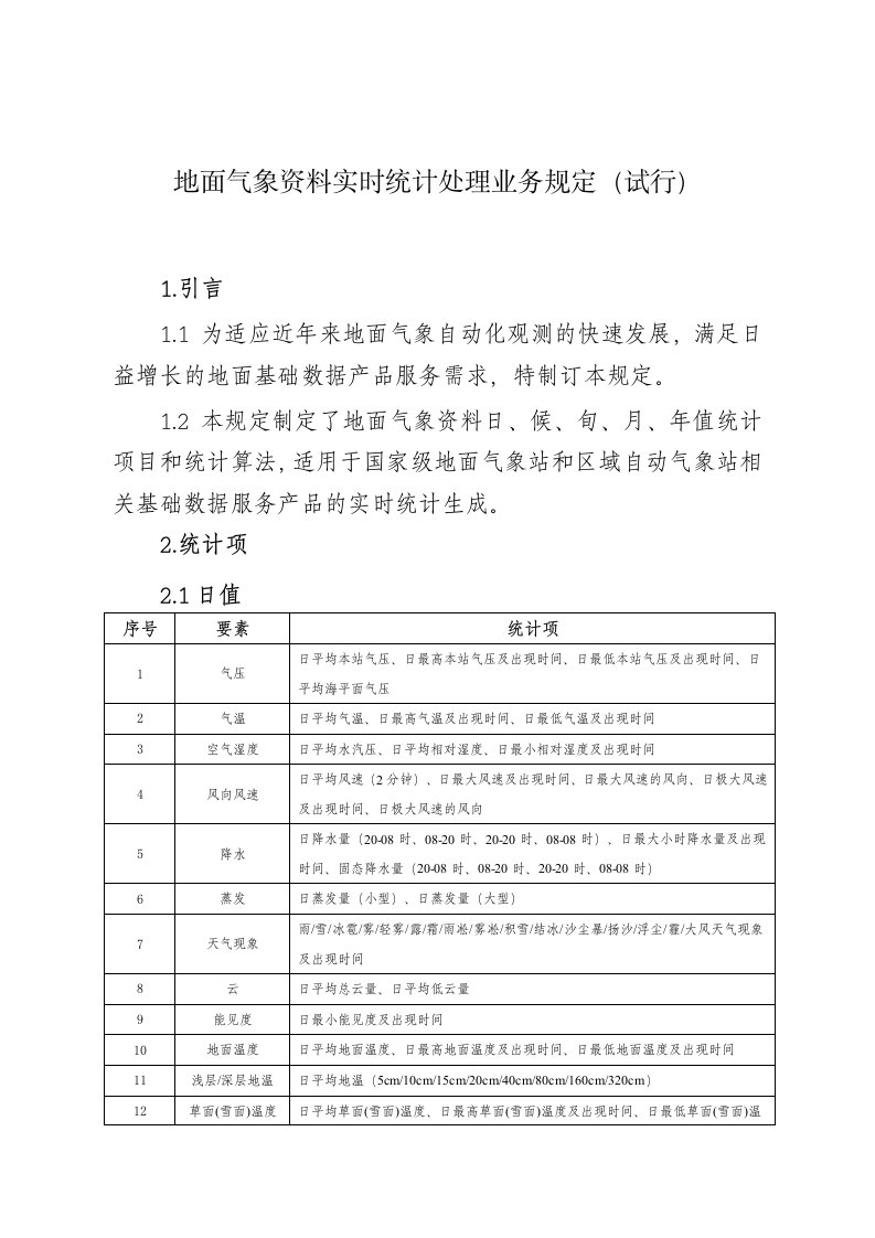 地面气象实时统计处理业务规定(试行)概览