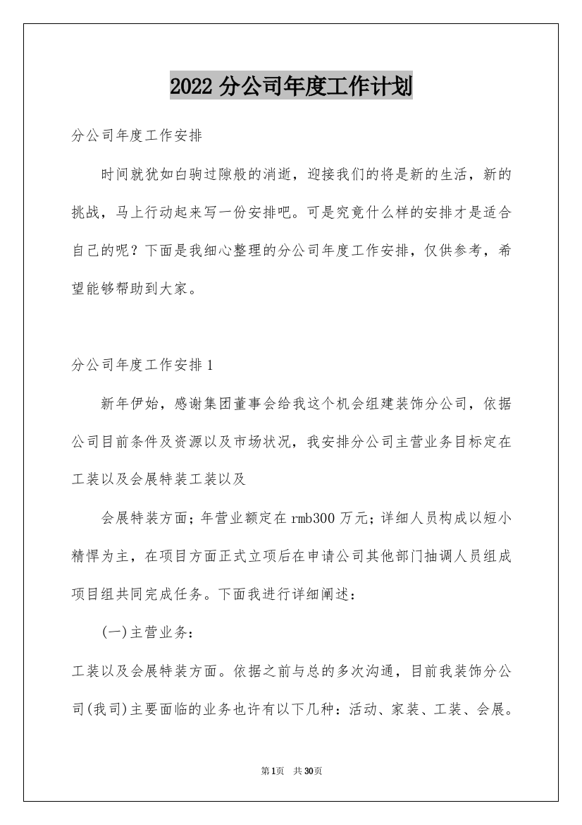 2022分公司年度工作计划