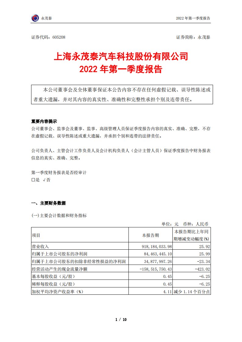 上交所-永茂泰2022年第一季度报告-20220425