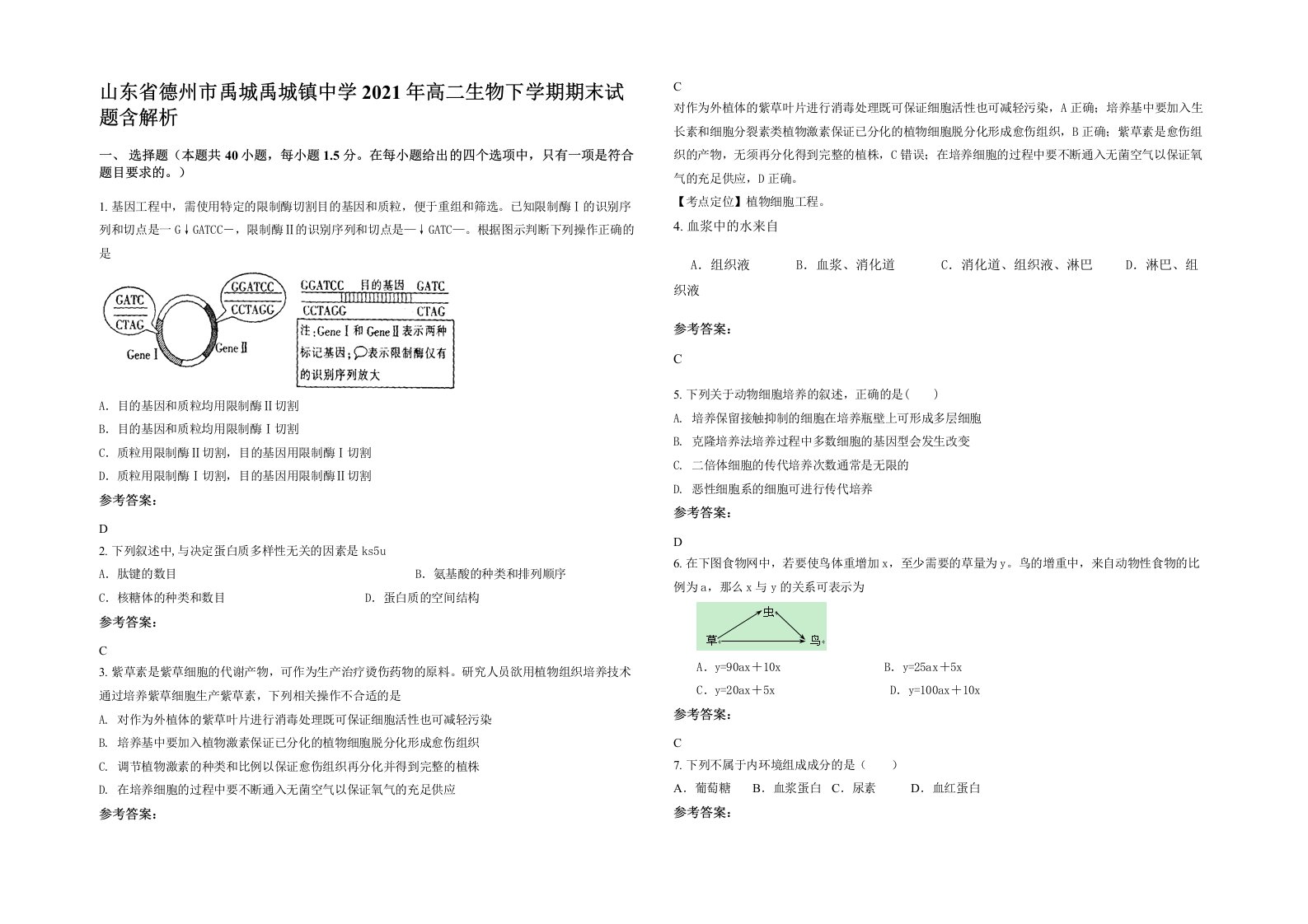 山东省德州市禹城禹城镇中学2021年高二生物下学期期末试题含解析