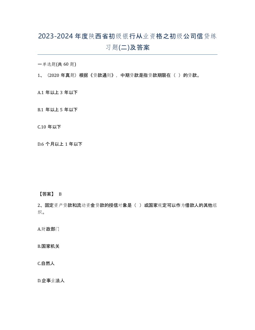 2023-2024年度陕西省初级银行从业资格之初级公司信贷练习题二及答案