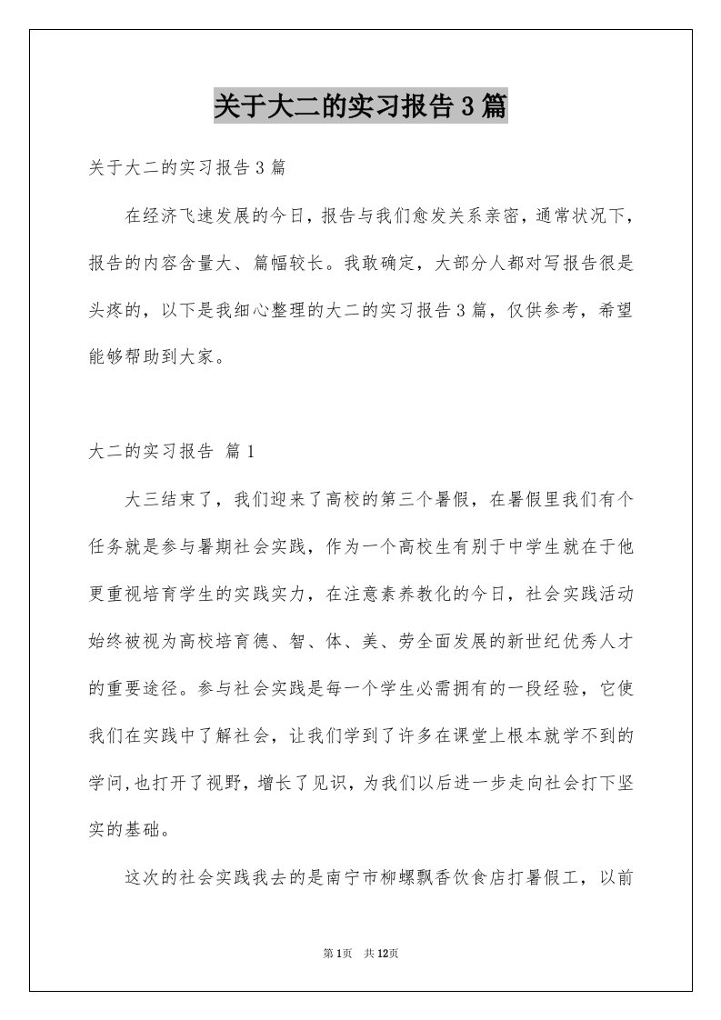 关于大二的实习报告3篇