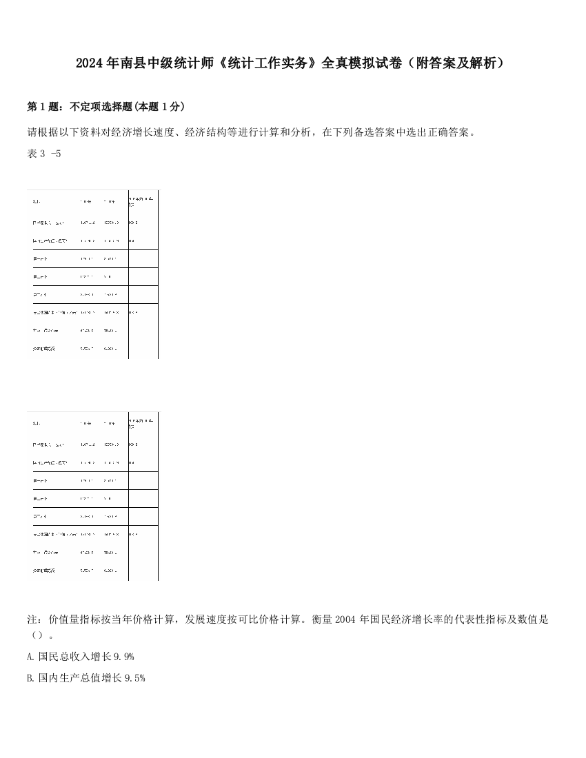 2024年南县中级统计师《统计工作实务》全真模拟试卷（附答案及解析）