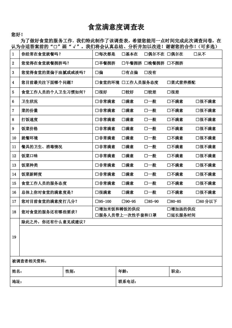 医院食堂满意度调查表