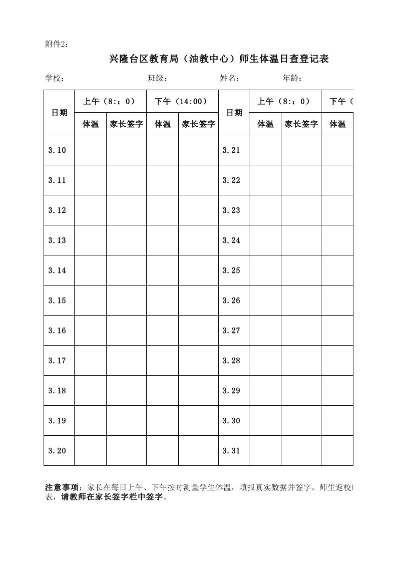 兴隆台区教育局(油教中心)师生体温日查登记表