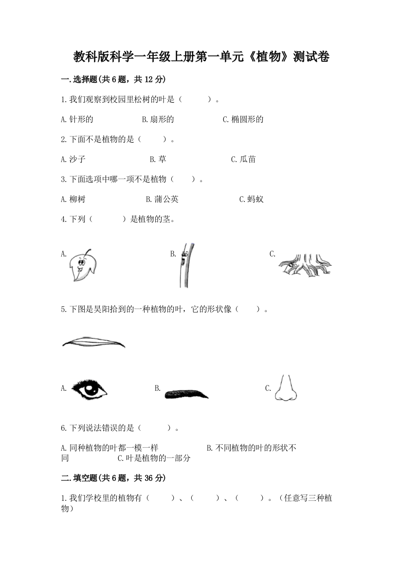 教科版科学一年级上册第一单元《植物》测试卷附答案（b卷）