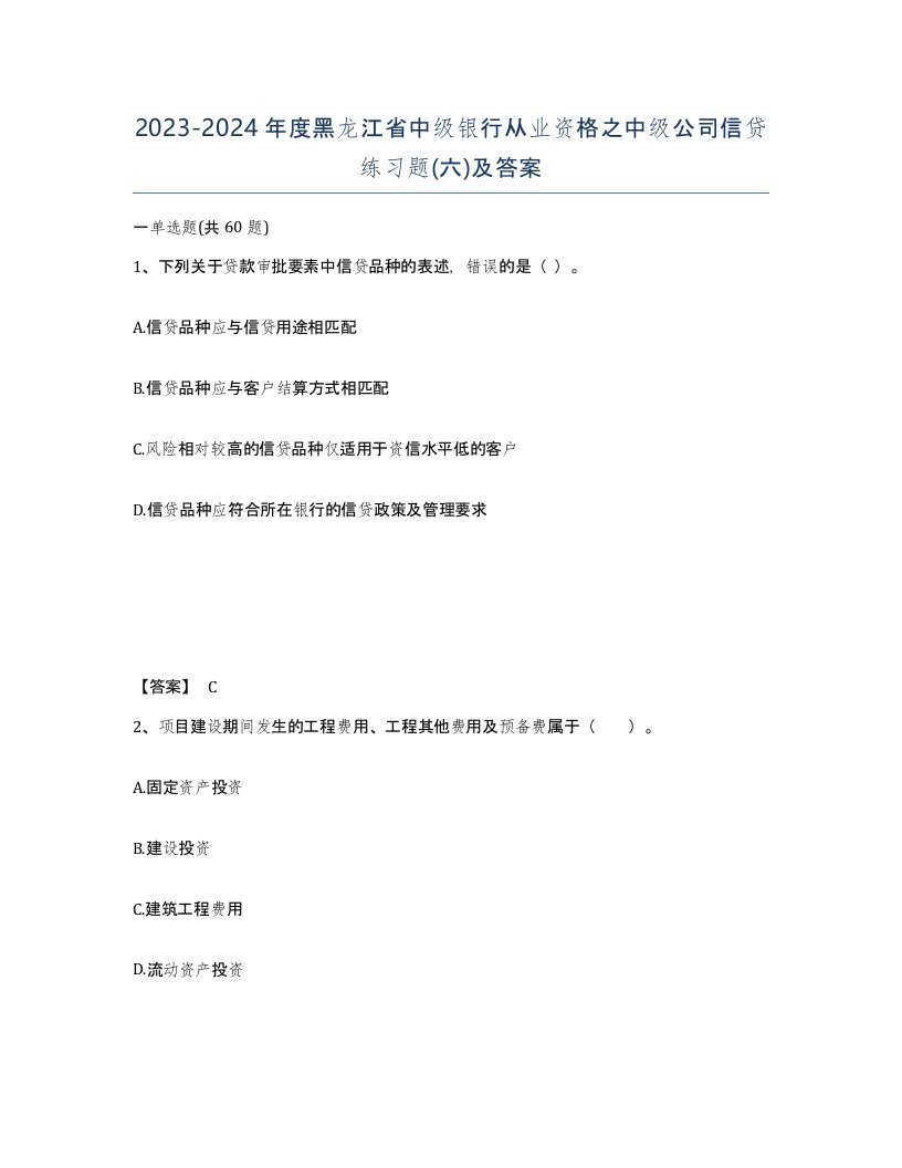 2023-2024年度黑龙江省中级银行从业资格之中级公司信贷练习题六及答案