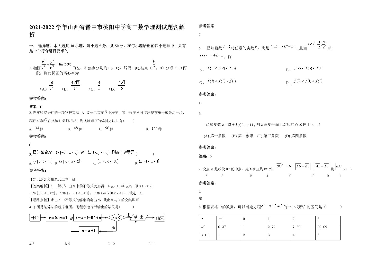 2021-2022学年山西省晋中市桃阳中学高三数学理测试题含解析