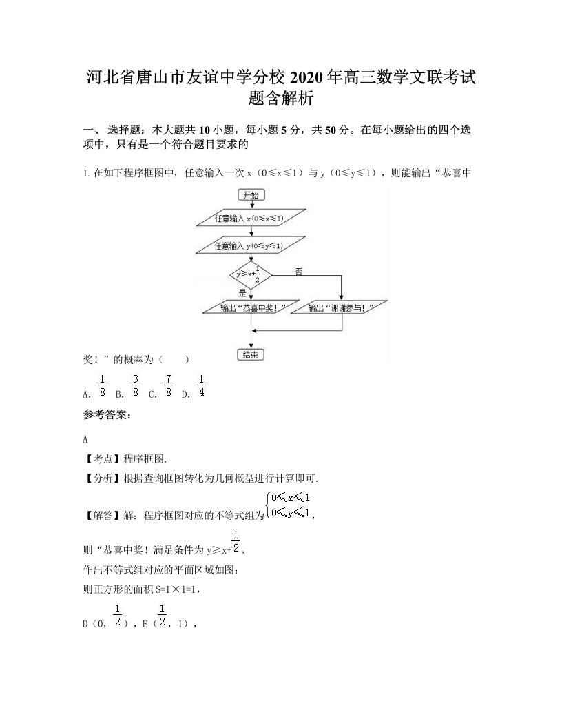 河北省唐山市友谊中学分校2020年高三数学文联考试题含解析