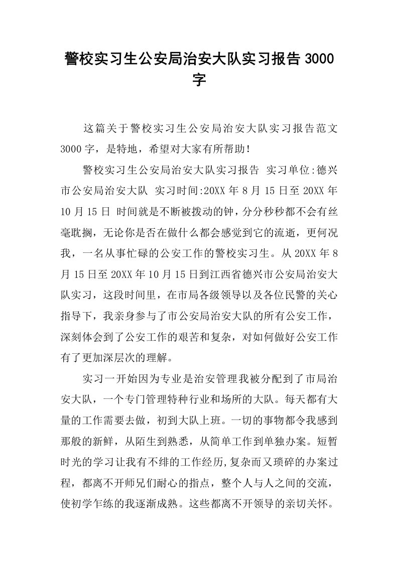 警校实习生公安局治安大队实习报告3000字