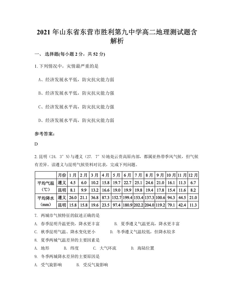 2021年山东省东营市胜利第九中学高二地理测试题含解析