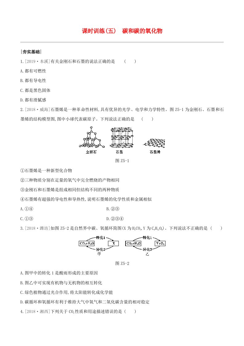 安徽专版2020中考化学复习方案课时训练05碳和碳的氧化物试题