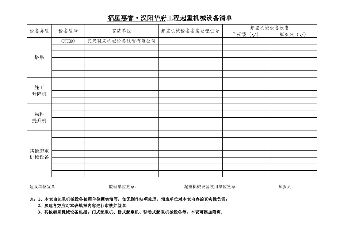 施工现场起重机械设备清单