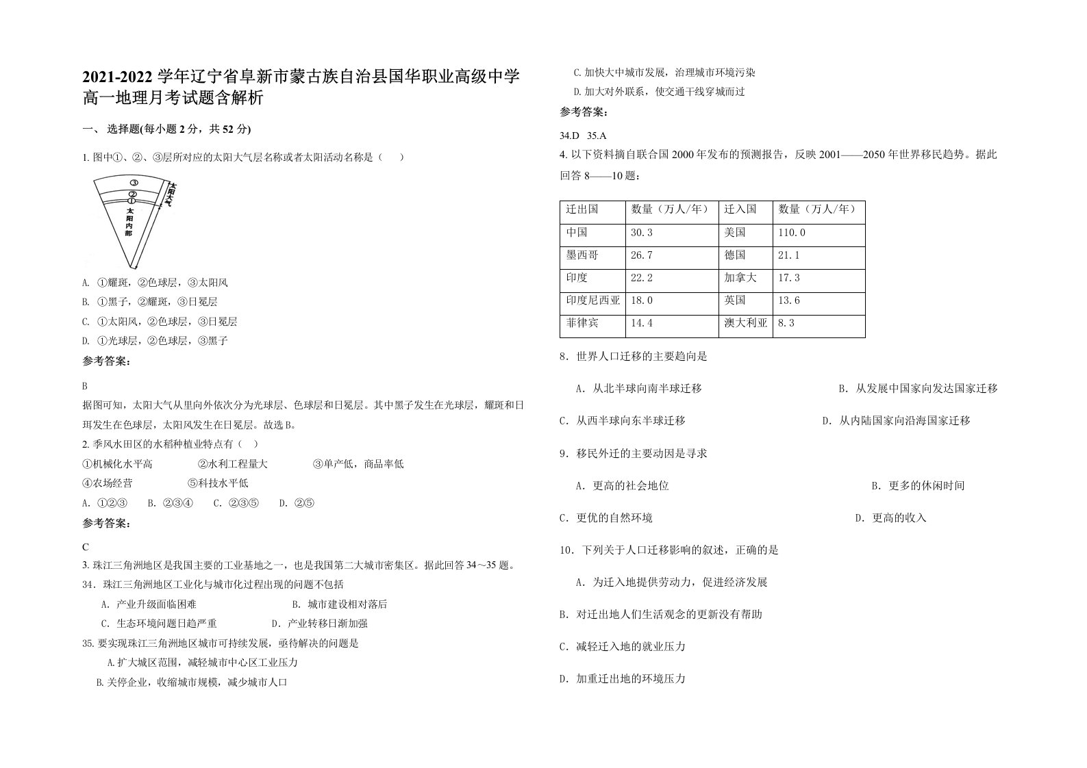 2021-2022学年辽宁省阜新市蒙古族自治县国华职业高级中学高一地理月考试题含解析