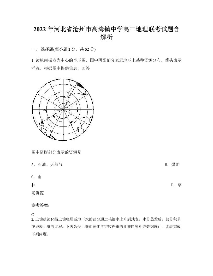 2022年河北省沧州市高湾镇中学高三地理联考试题含解析