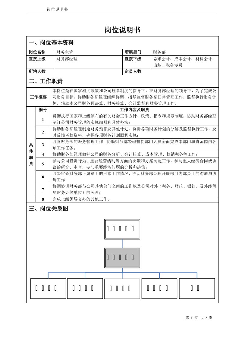 财务部财务主管岗位说明书